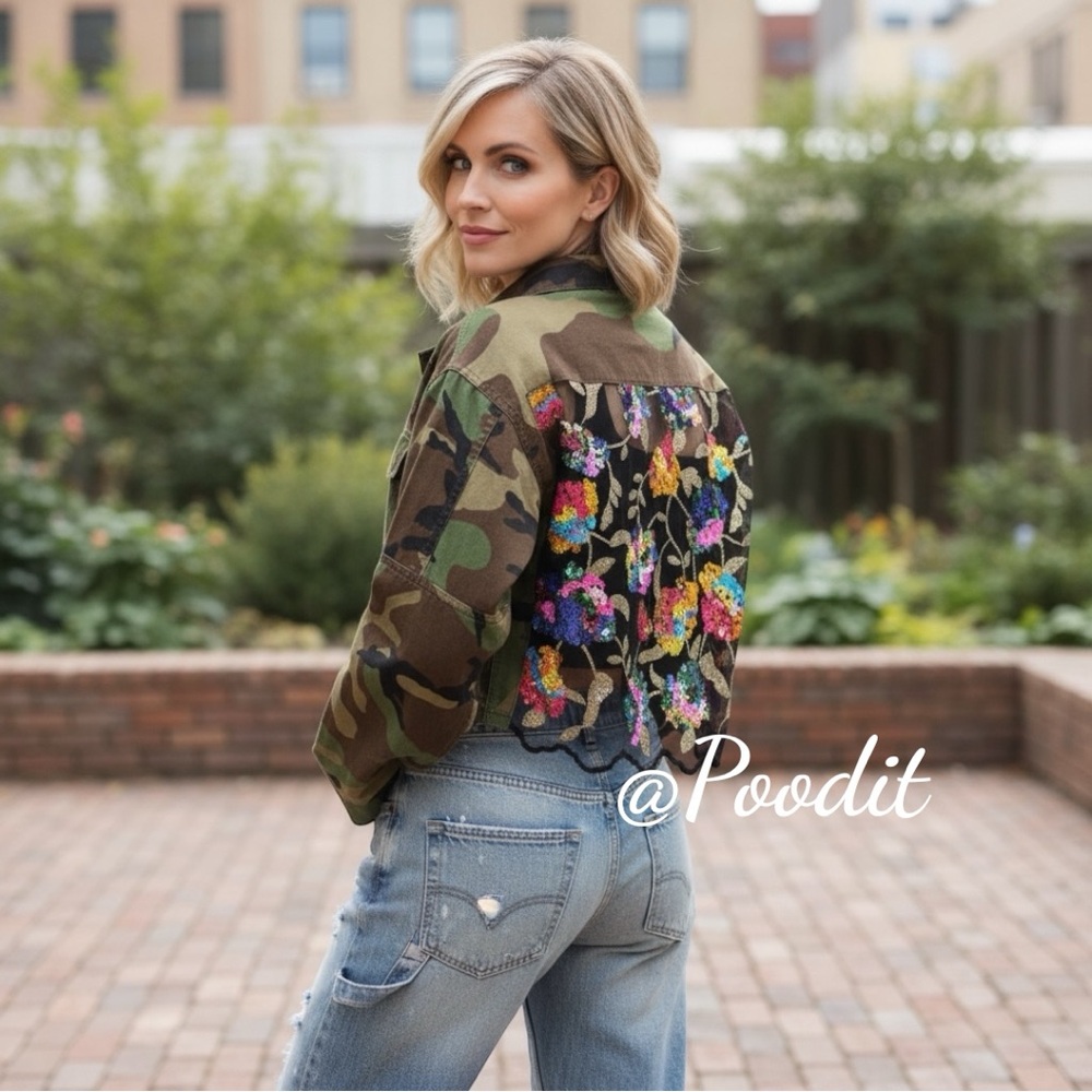 VEVERET camo sequin sheer back contrast crop jacket S M L